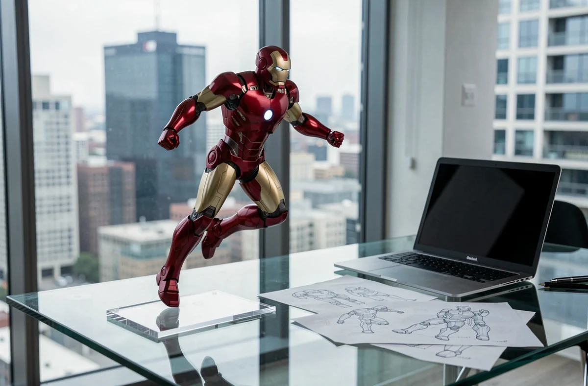 Statue Iron Man articulée en pose de vol sur bureau design avec vue urbaine en arrière-plan