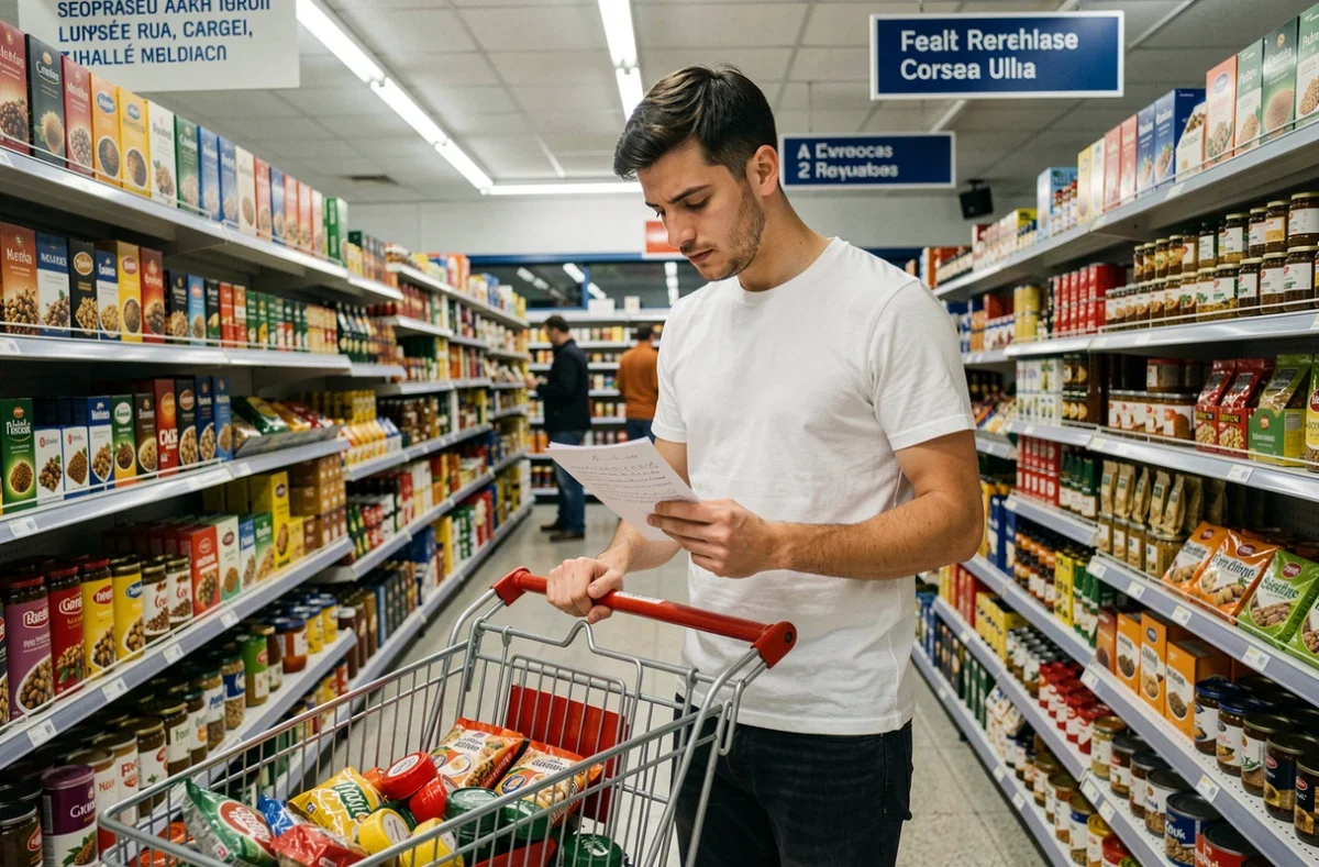 Jeune homme faisant ses courses dans un supermarché corse, solution alternative à Lidl inexistant en Corse