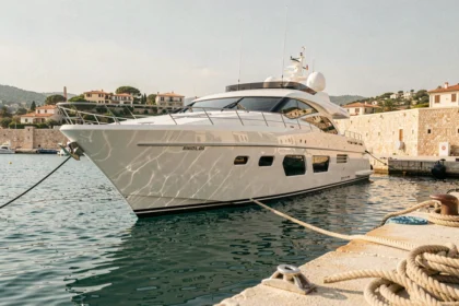 Yacht de luxe blanc ancré dans un port méditerranéen, symbole du coût élevé des embarcations de prestige