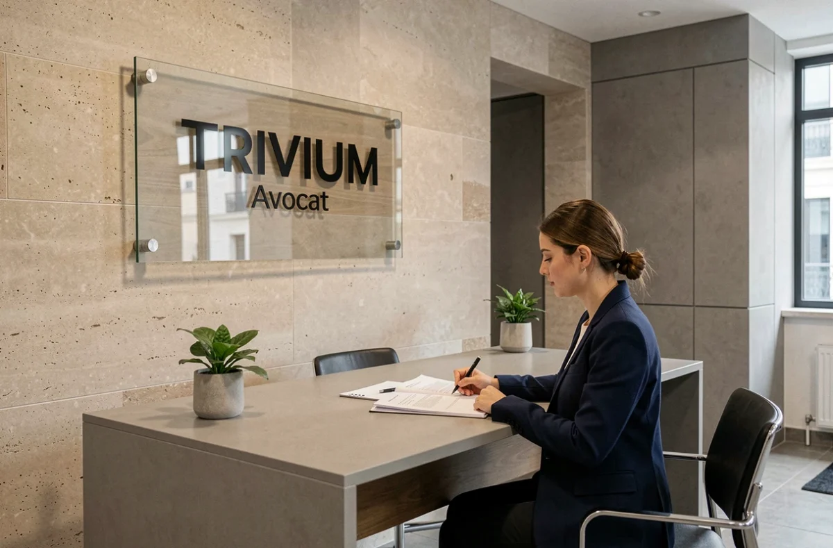 Réception du Cabinet TRIVIUM Avocat avec plaque professionnelle et assistante juridique