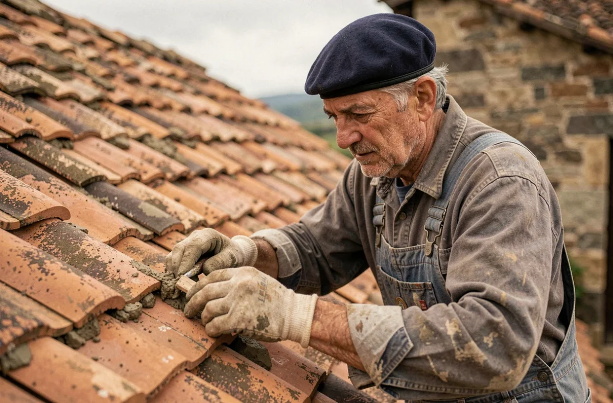 Couvreur basque traditionnel en béret bleu appliquant du mortier sur une ferme en pierre des Pyrénées
