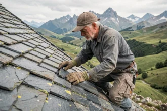 Couvreur travaillant sur un toit en ardoise dans les Pyrénées-Atlantiques avec les montagnes en arrière-plan