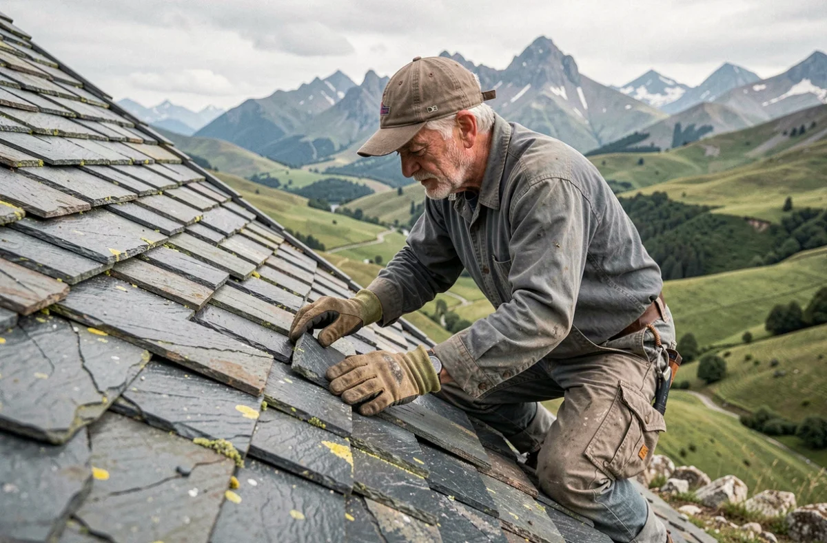 Couvreur travaillant sur un toit en ardoise dans les Pyrénées-Atlantiques avec les montagnes en arrière-plan