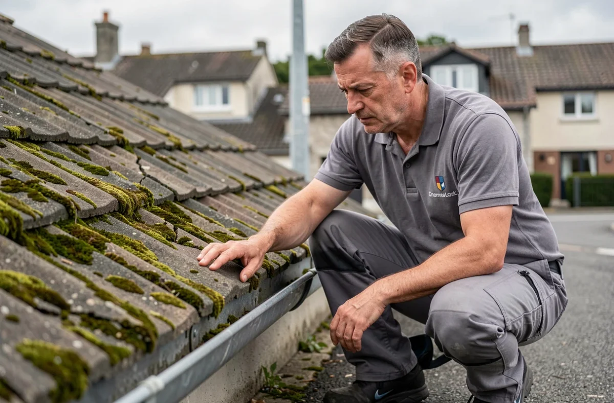 Technicien de Daniel Entretien Toiture inspectant des tuiles mossuées sur une maison en banlieue basque