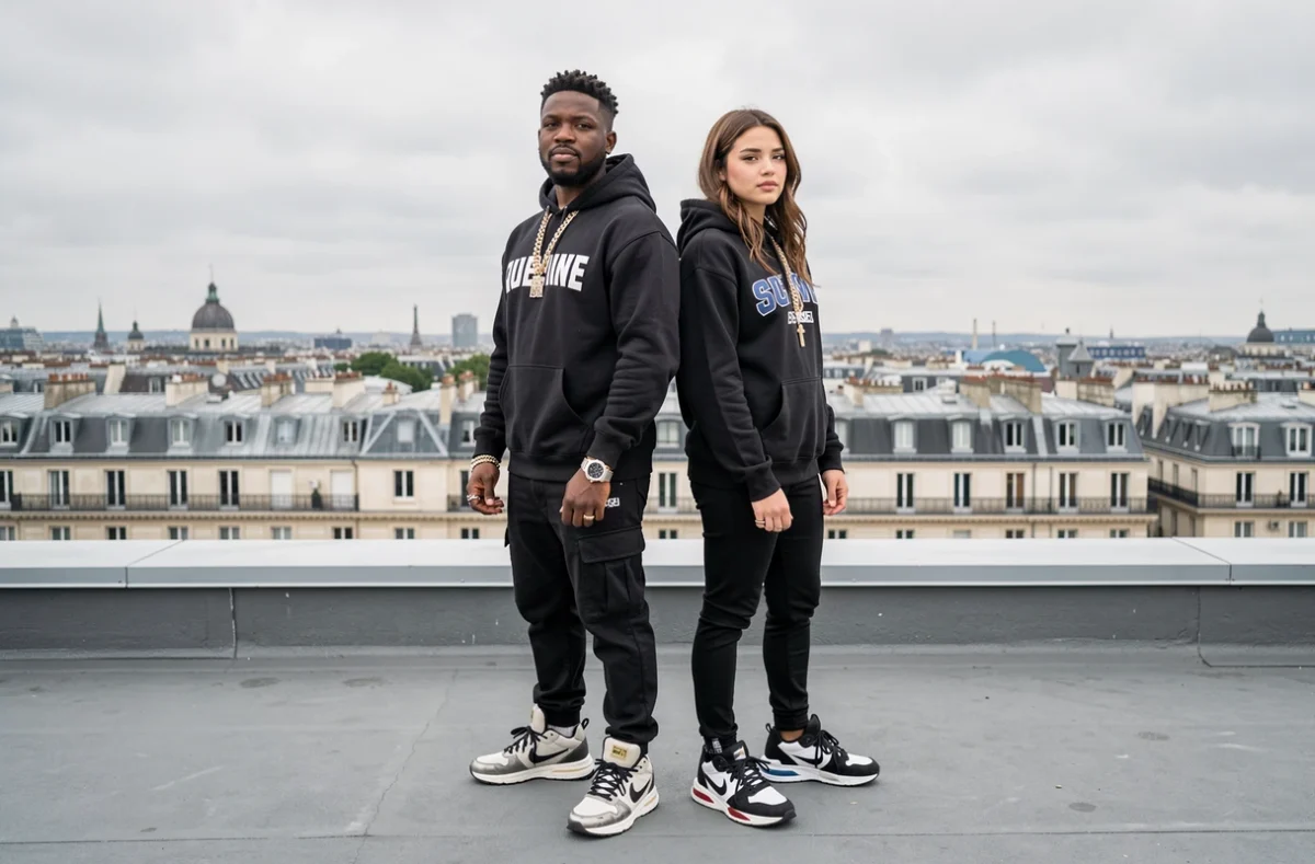 Deux rappeurs français dos à dos sur un toit parisien, skyline haussmannienne en arrière-plan, illustrant la confiance et l'egotrip contemporain dans le rap français