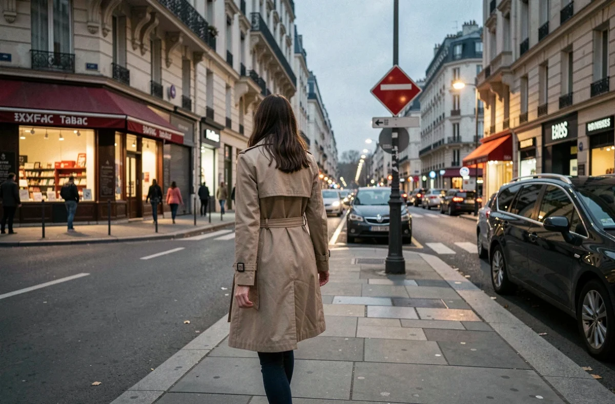 Jeune femme marchant vers un bureau de tabac ouvert tard la nuit dans une rue française