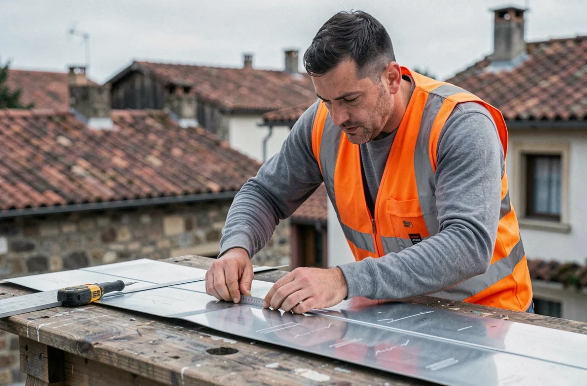 Couvreur Fournier David découpant un solins en zinc sur un chantier résidentiel au Pays Basque