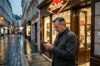 Homme consultant son téléphone devant un bureau de tabac ouvert le soir en ville