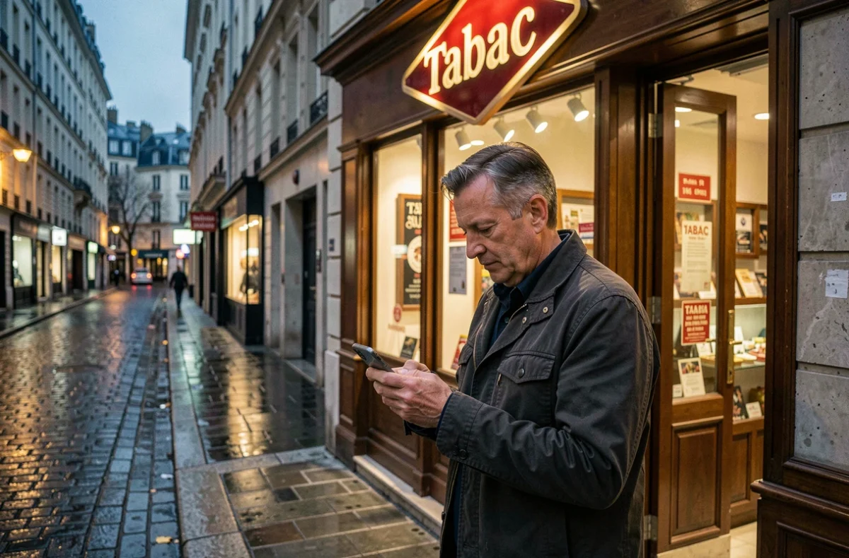 Homme consultant son téléphone devant un bureau de tabac ouvert le soir en ville