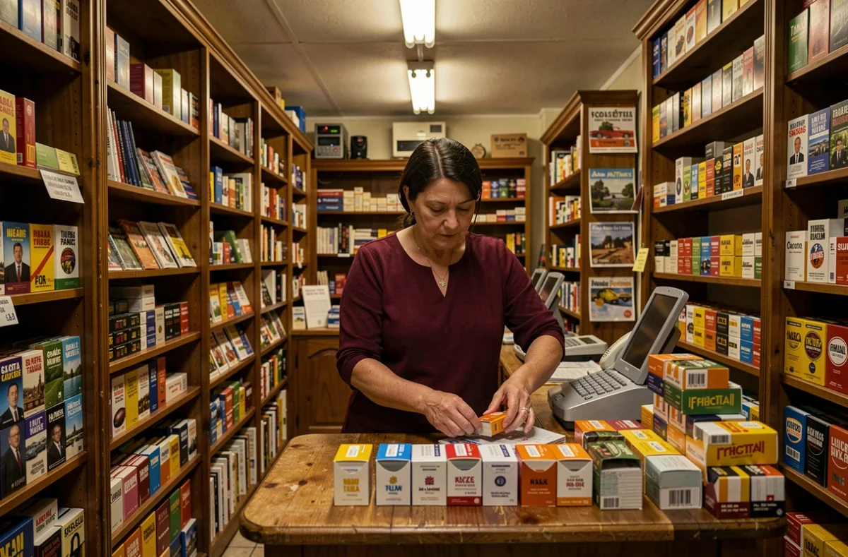 Intérieur d'un bureau de tabac français ouvert tard avec une buraliste derrière le comptoir
