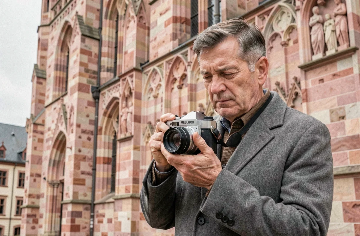 Jean Schweitzer Photographe, photographe professionnel devant la cathédrale de Strasbourg, homme en manteau gris avec un appareil photo argentique
