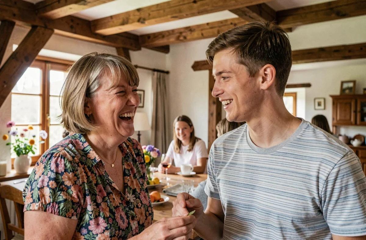 L'Instant T, photographie de famille spontanée dans une maison alsacienne avec poutres apparentes, moment de complicité capturé naturellement