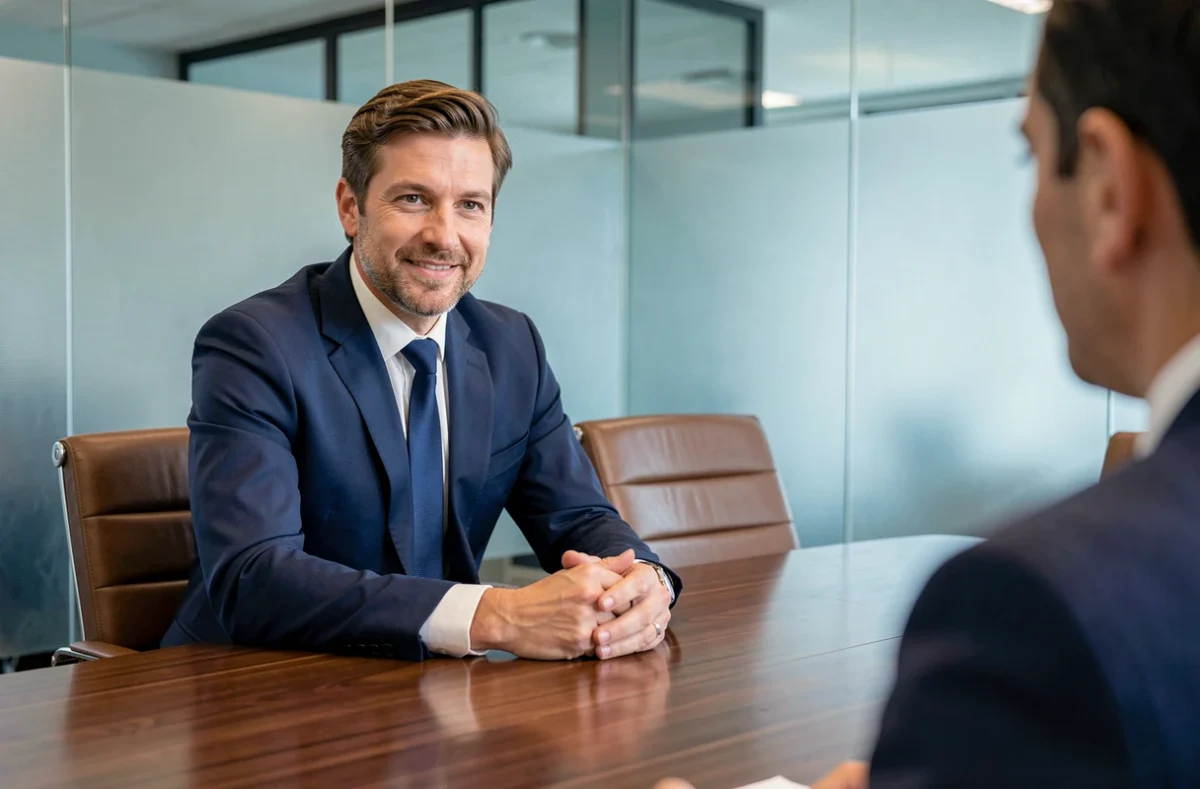 Maître Arnaud Boulet-Gercourt, avocat dans le Tarn, en réunion avec un client dans une salle de conférence