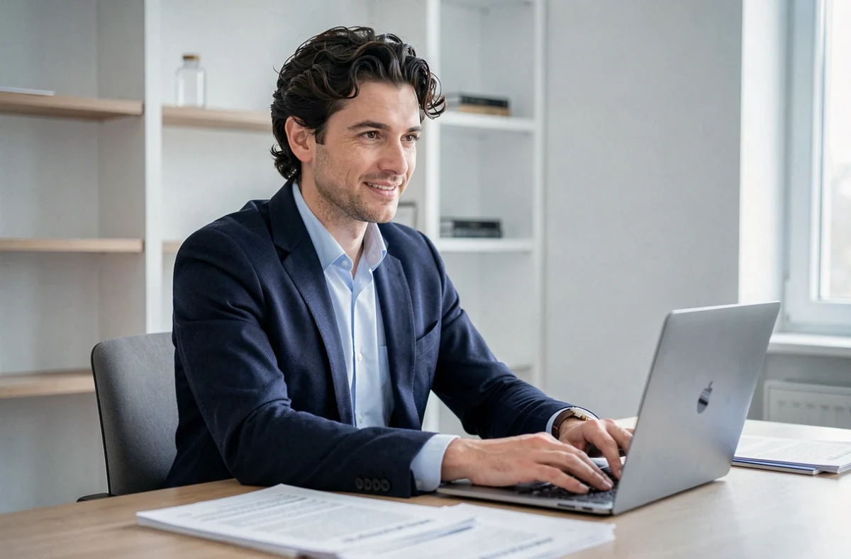Maître Arnaud Fitte, avocat dans le Tarn, à son bureau moderne avec ordinateur et dossiers