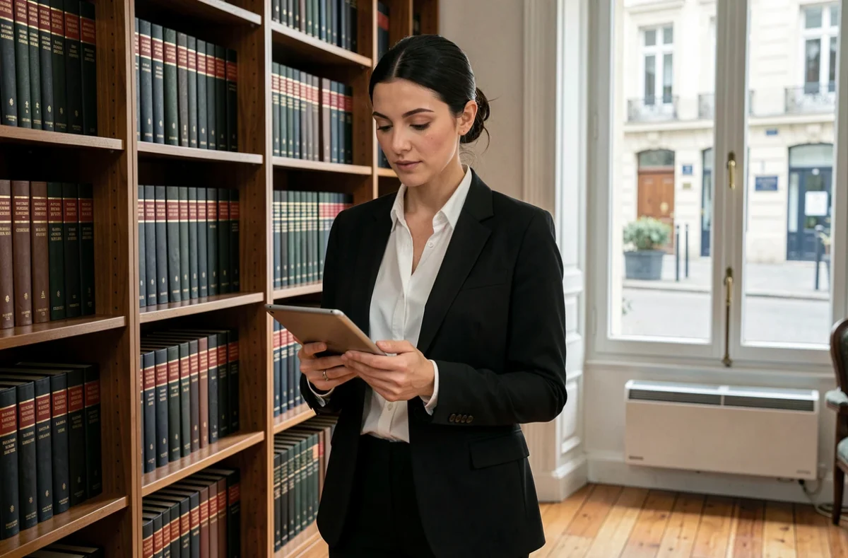 Maître Elisa Gillet, jeune avocate dans le Tarn, debout devant une bibliothèque juridique
