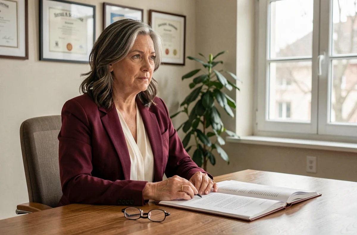 Maître Marie-Line Brejaud, avocate expérimentée du Tarn, à son bureau avec un dossier juridique