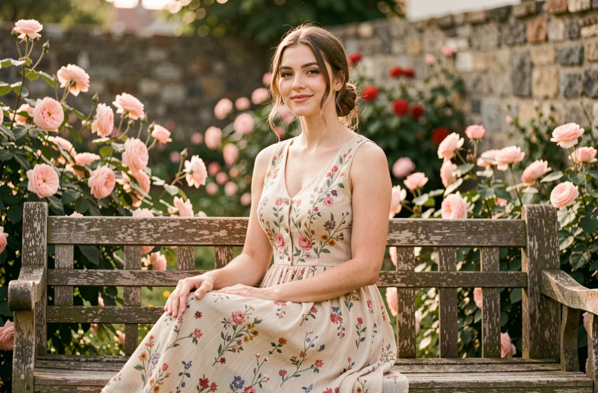 May Photographie, portrait créatif d'une jeune femme en robe fleurie brodée assise dans un jardin alsacien fleuri avec des rosiers
