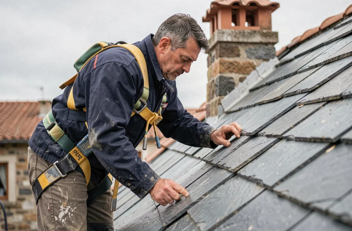 Couvreur MG Couvreur posant des ardoises sur une toiture résidentielle dans un village basque