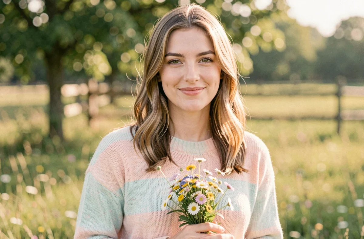 Minikitty Photographies, portrait lifestyle d'une jeune femme en pull pastel tenant un bouquet de fleurs sauvages dans une prairie alsacienne