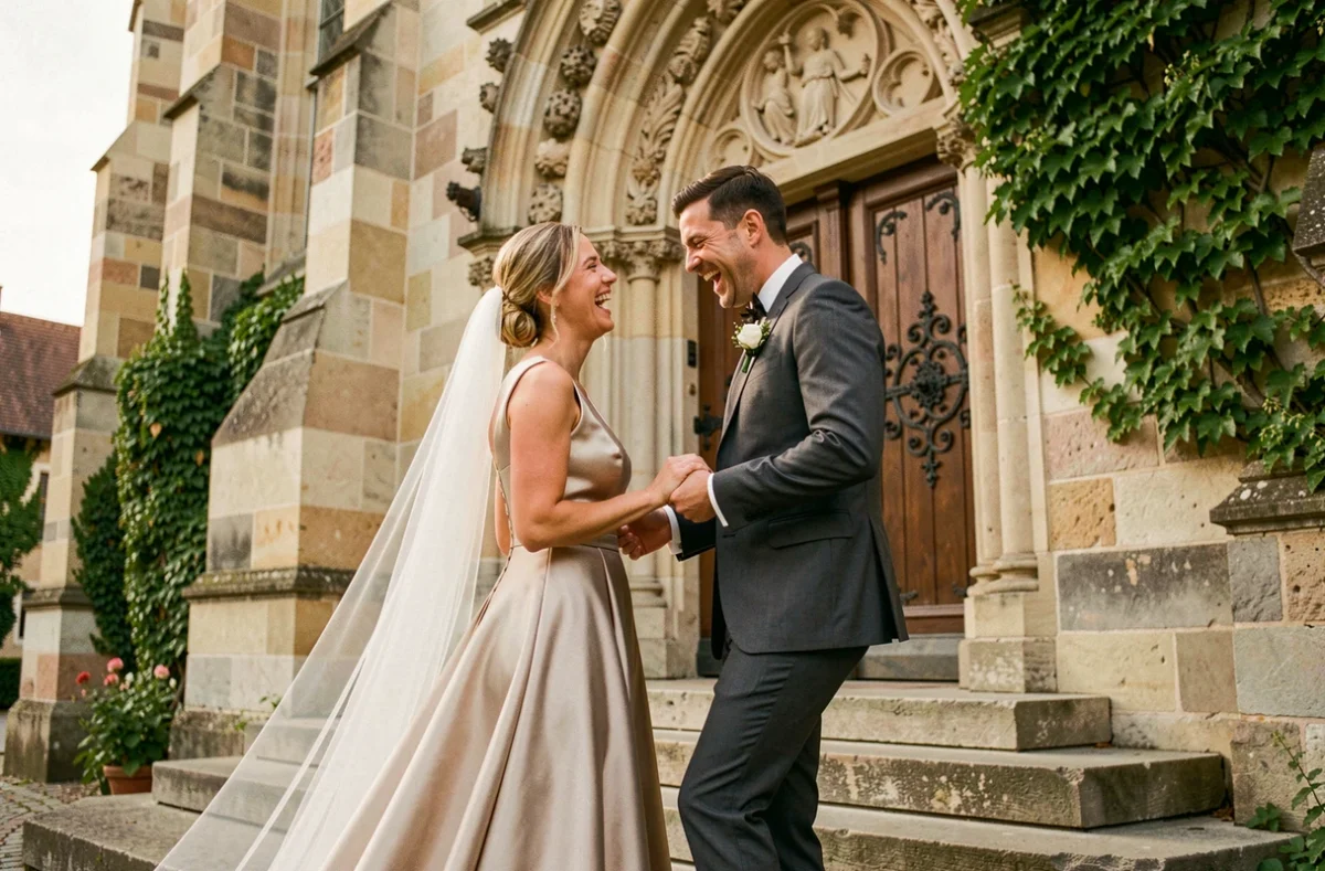 Photographe Mariage ILB, couple de mariés riant sur les marches d'une église alsacienne, robe en satin et costume anthracite dans le Bas-Rhin