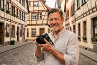 Photographe professionnel dans les rues pavées de Strasbourg avec l'architecture alsacienne en arrière-plan, représentant le top des photographes du Bas-Rhin en 2026