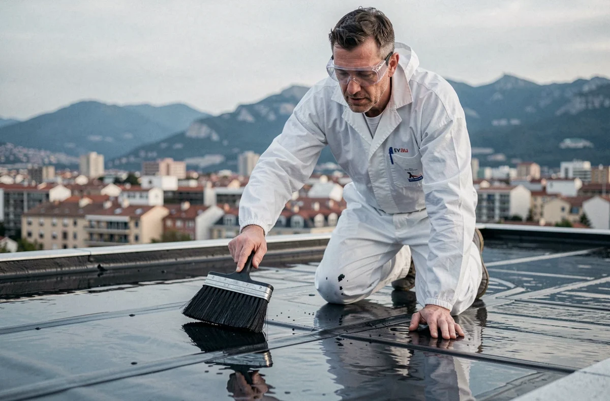 Spécialiste en étanchéité de Probat Étanchéité appliquant une membrane noire sur un toit plat commercial à Pau