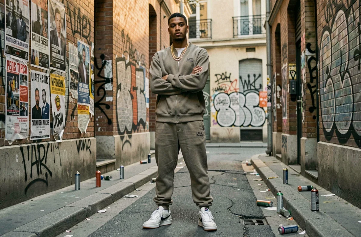 Jeune rappeur français en tenue streetwear dans une ruelle parisienne taguée, posture assurée symbolisant l'egotrip dans le rap français