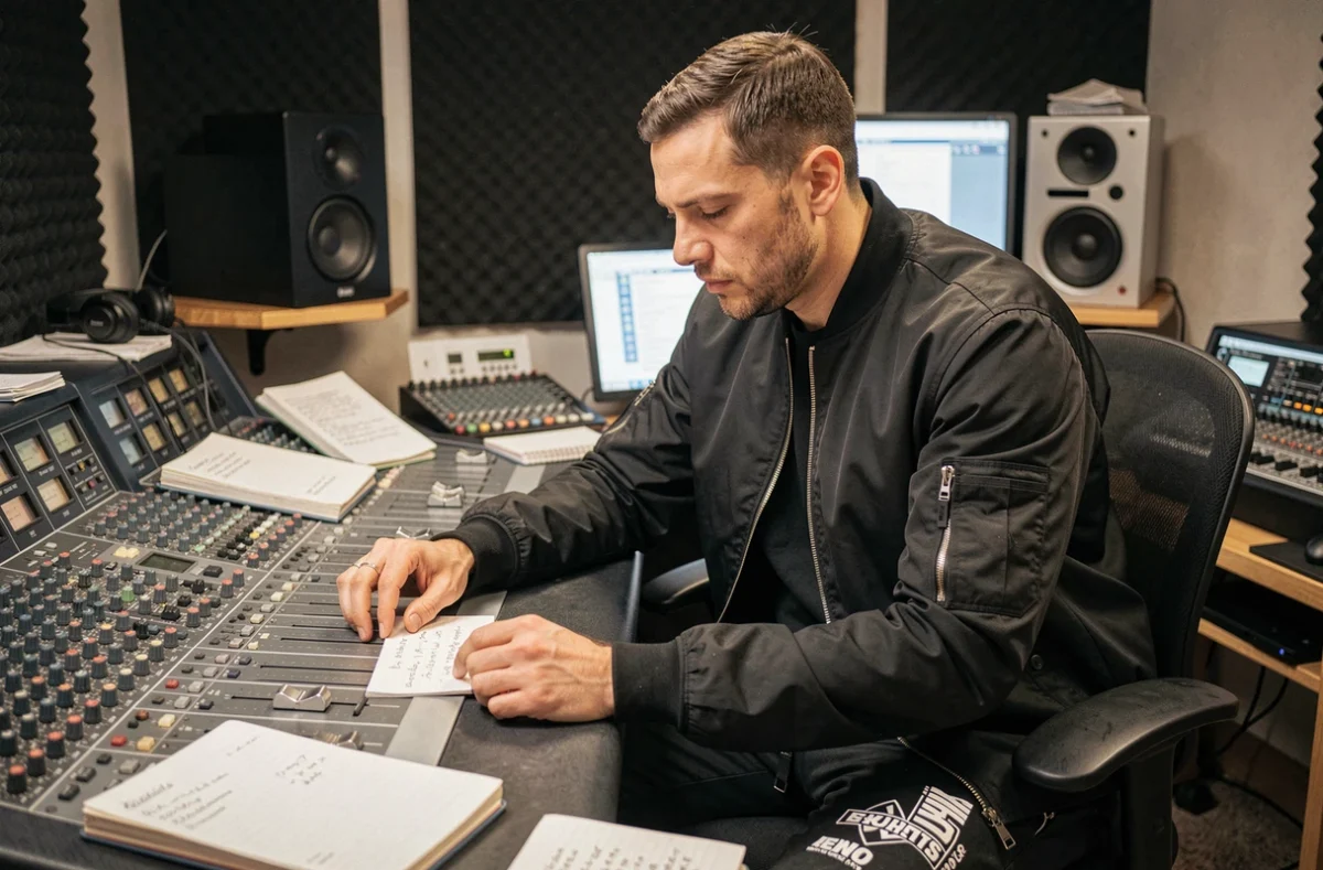 Rappeur français en studio d'enregistrement révisant ses paroles, incarnant l'évolution lyrique et l'egotrip dans le rap hexagonal