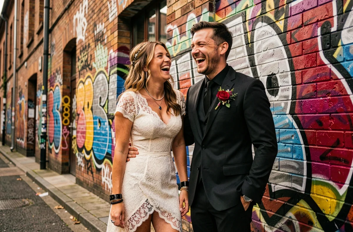 Rock'n Brides, mariage alternatif avec mariés devant un mur de graffitis à Strasbourg, robe en dentelle courte et style rock urbain