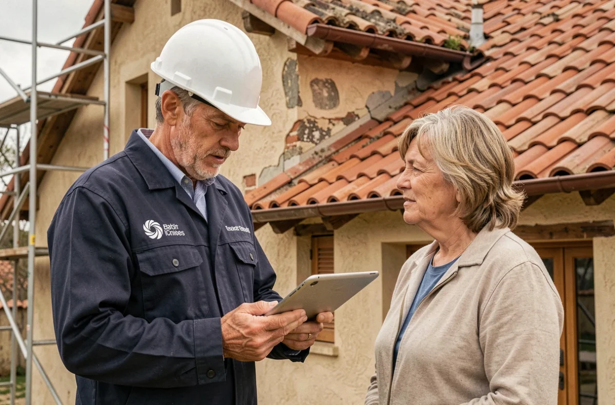 Artisan de Seguin Travaux discutant des plans de rénovation de toiture avec un propriétaire devant une maison basque