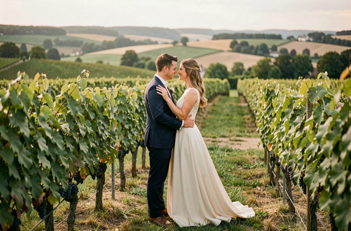 Sogno Photography, couple en mariage dans un vignoble alsacien, robe ivoire et costume marine, ambiance romantique dans le Bas-Rhin