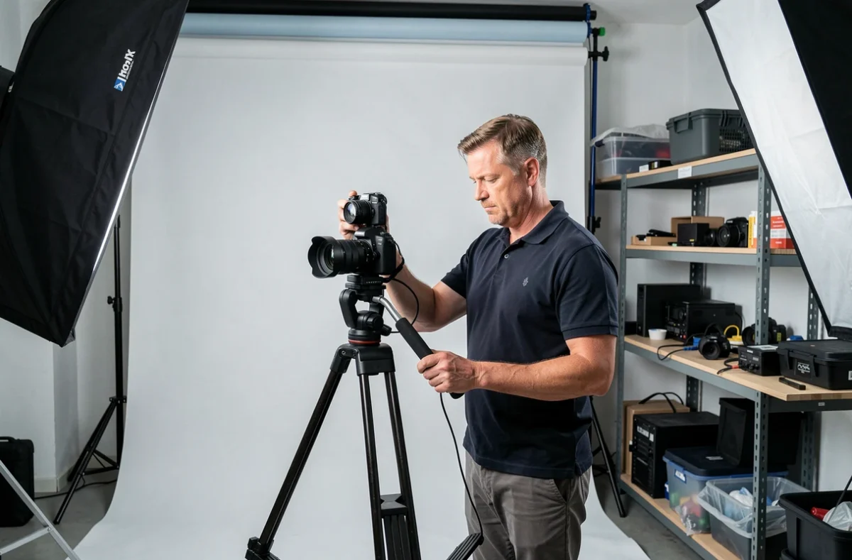 Technic Photo Strasbourg, studio photographique professionnel avec un photographe réglant son équipement sur trépied devant un fond blanc