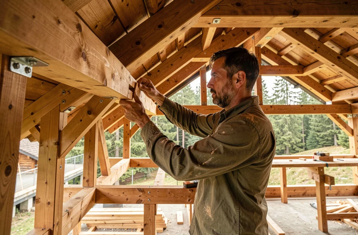 Charpentier couvreur de Toit Et Bois Guillaume assemblant une charpente en bois sous un toit de chalet pyrénéen