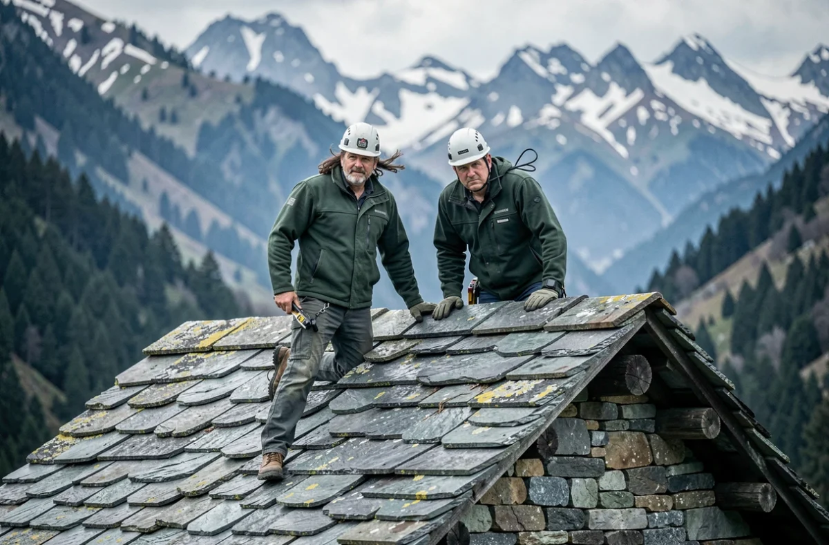 Deux couvreurs de Toits Pyrénéens sur un toit en lauze d'une maison en pierre dans les Pyrénées