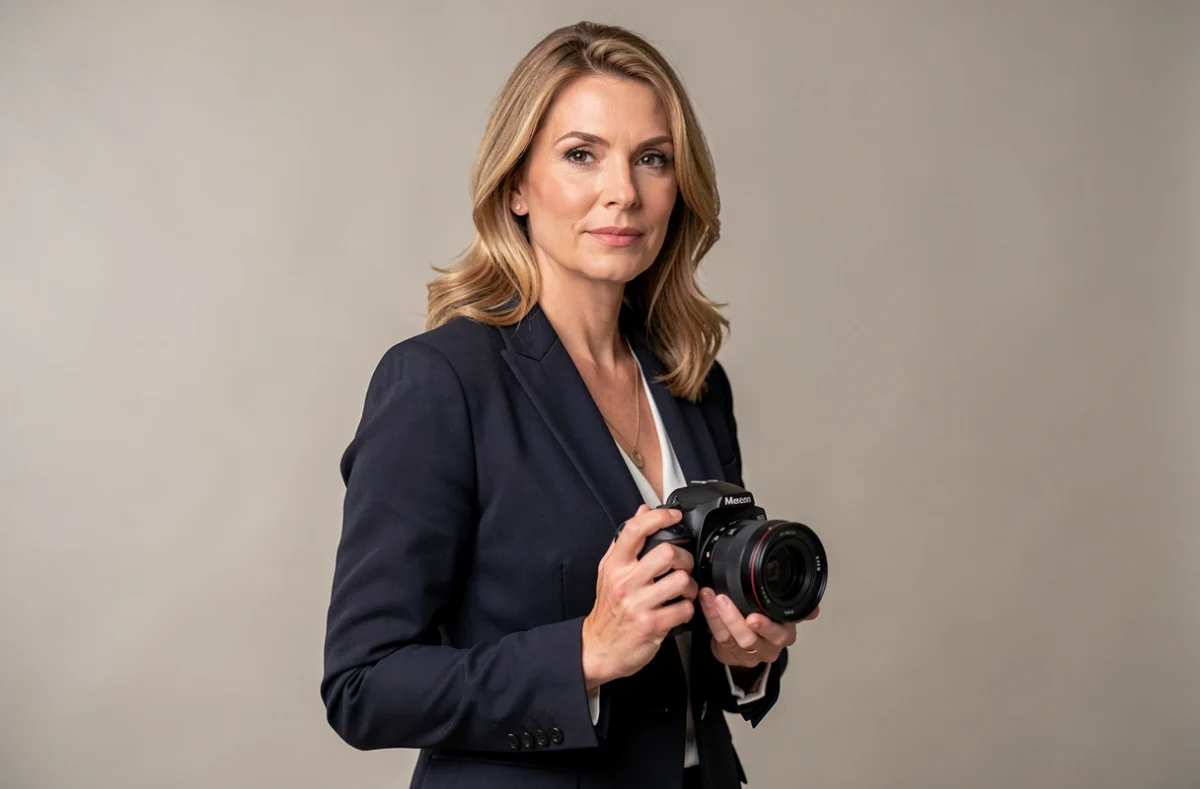 Photographe de Topimage, studio photo professionnel dans le Bas-Rhin, portrait d'une photographe expérimentée en blazer sombre