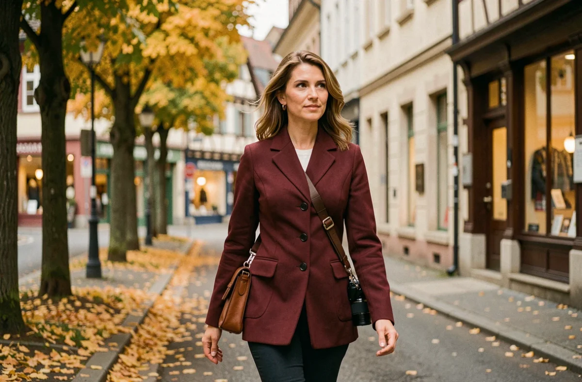 Virginie Rudolf, photographe professionnelle en veste bordeaux marchant dans une rue de Strasbourg aux couleurs automnales