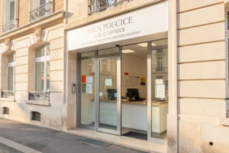 Entrée lumineuse d'une maison de la justice et du droit avec son comptoir d'accueil
