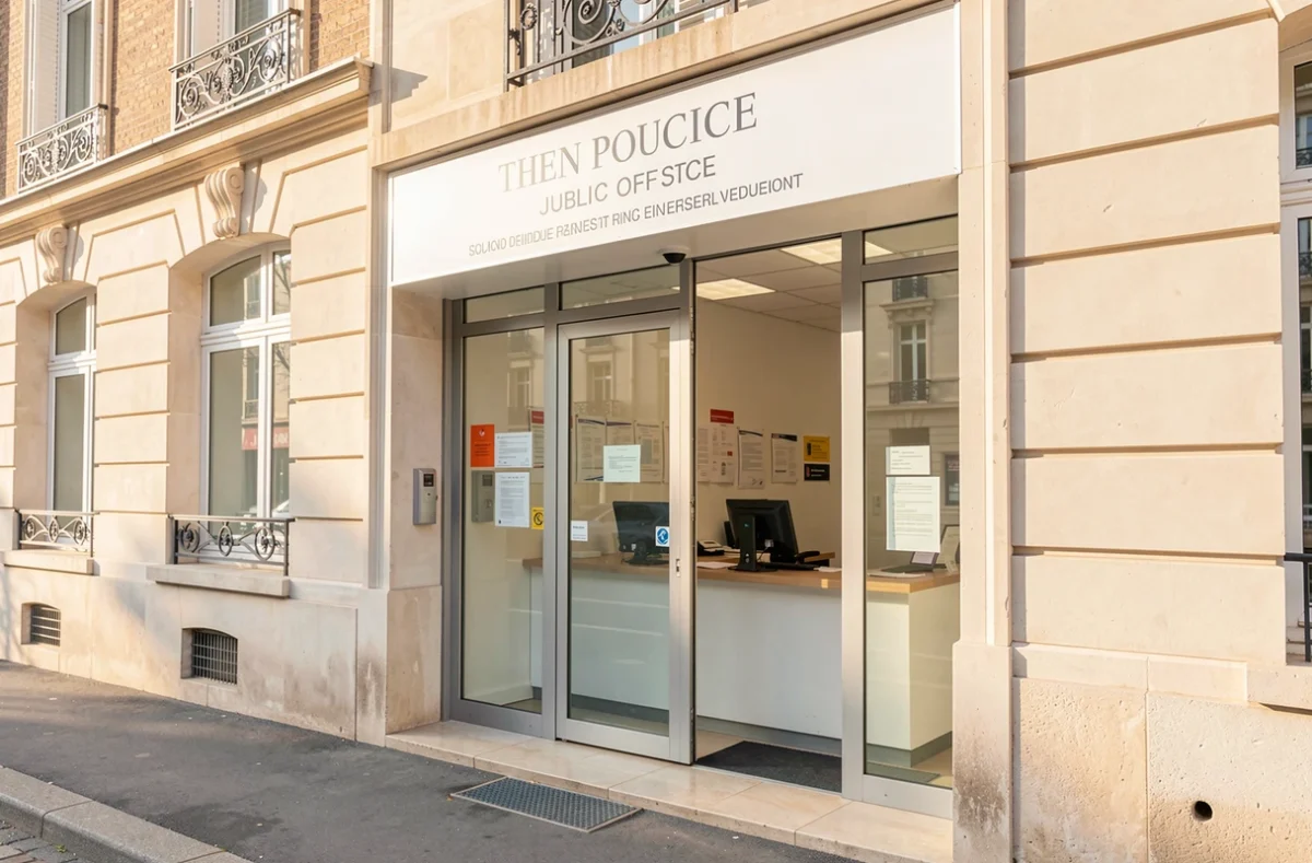 Entrée lumineuse d'une maison de la justice et du droit avec son comptoir d'accueil