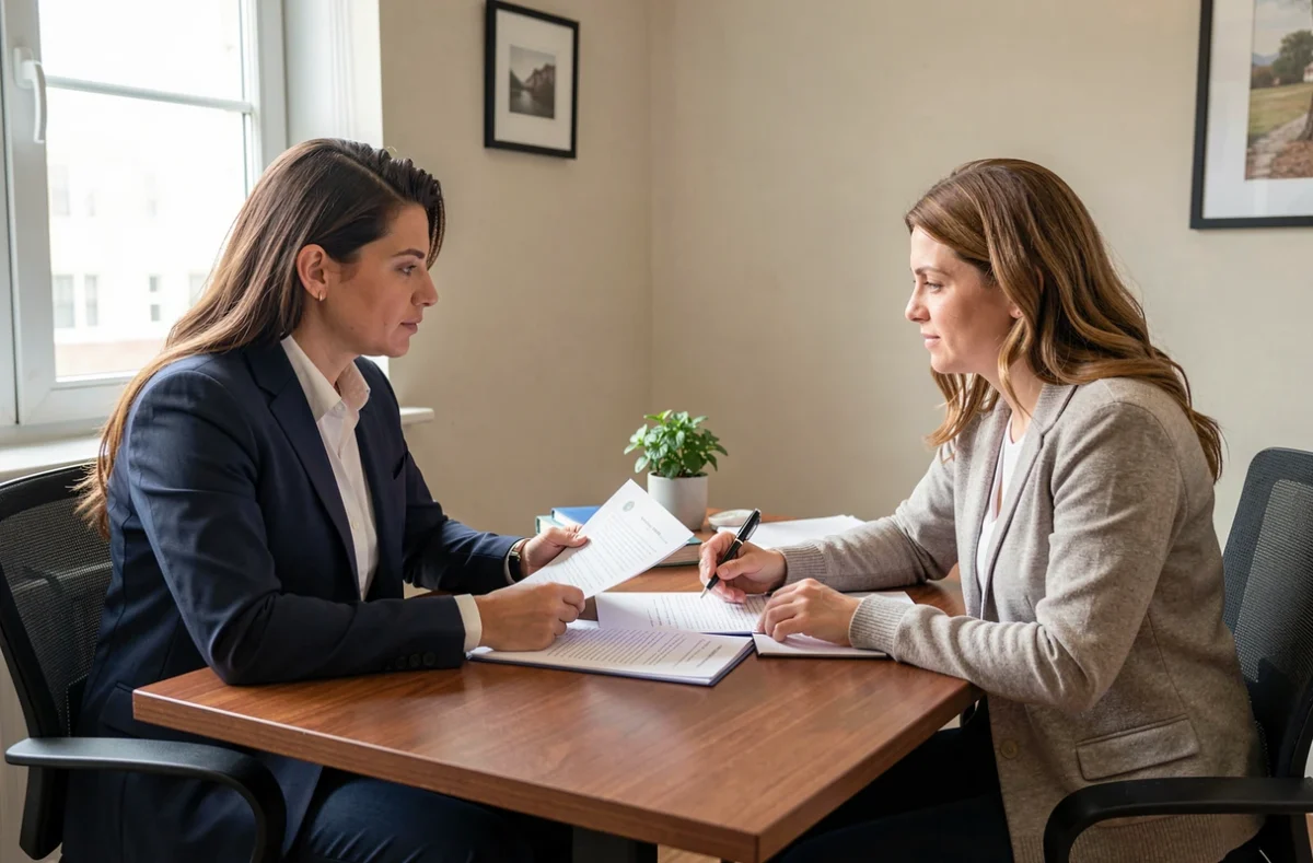 Entretien d'information juridique entre un juriste et un visiteur autour de documents