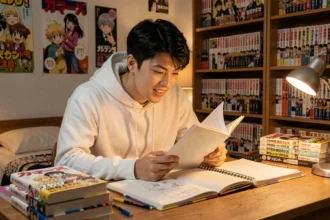 Fan de manga lisant le chapitre One Punch Man à son bureau entouré de volumes de manga