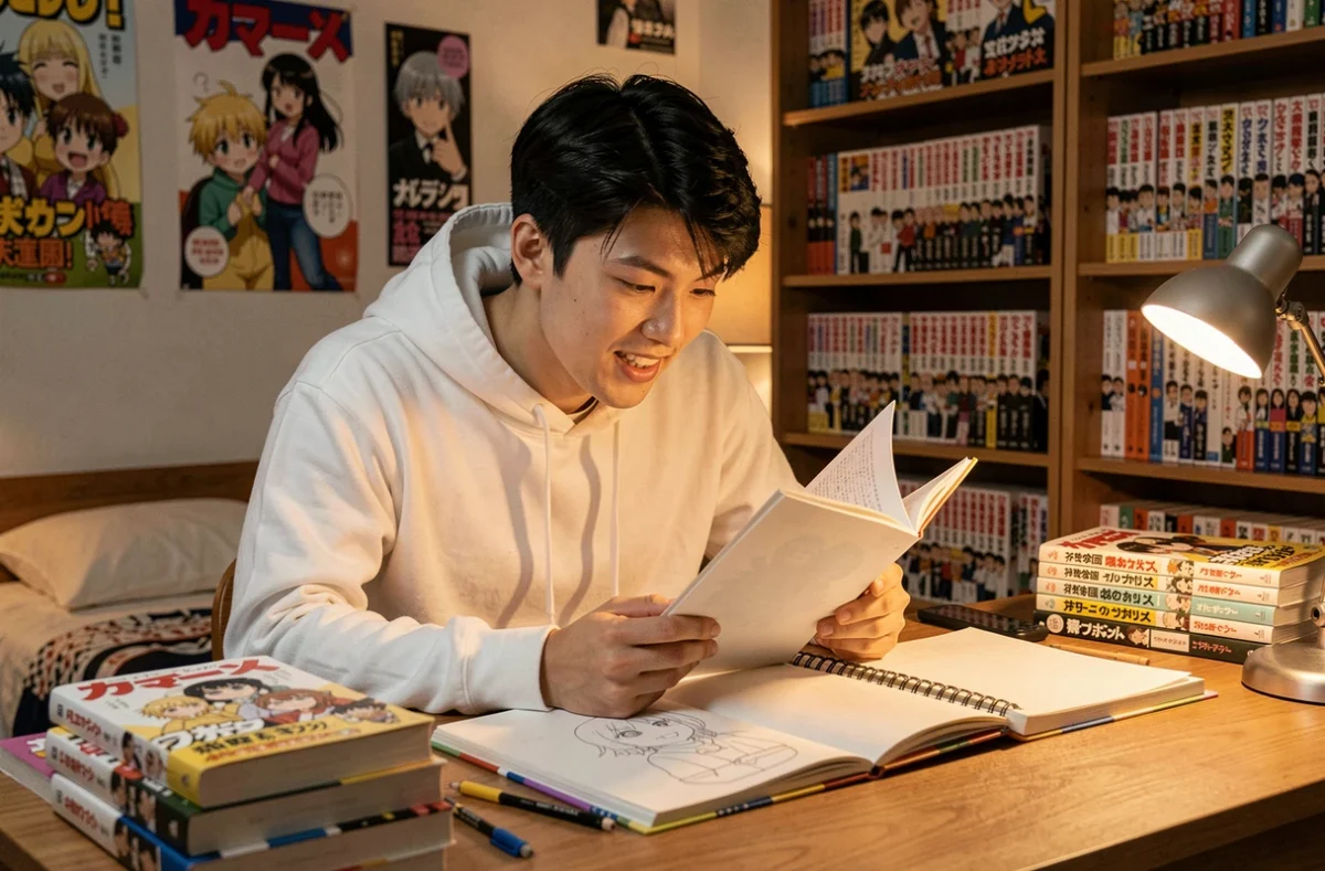 Fan de manga lisant le chapitre One Punch Man à son bureau entouré de volumes de manga