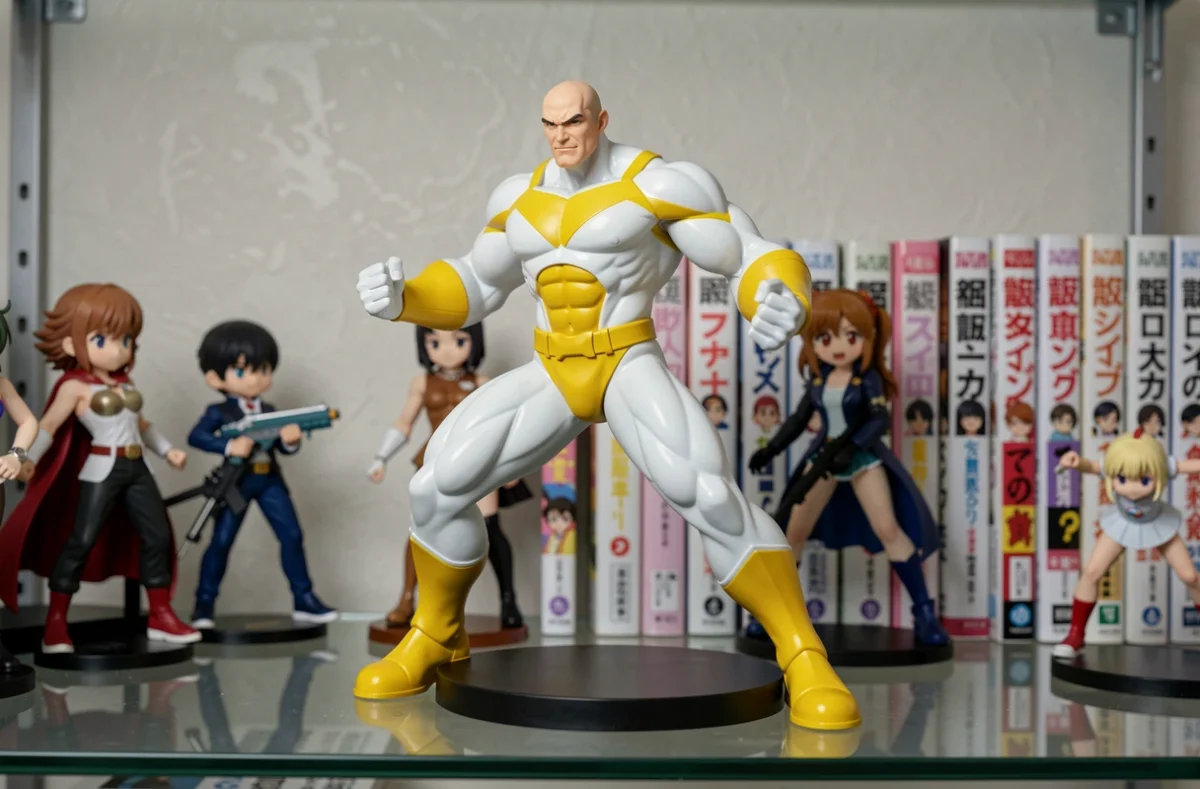Figurine collector d'un superhéros de manga en tenue blanche et jaune sur une étagère de vitrine